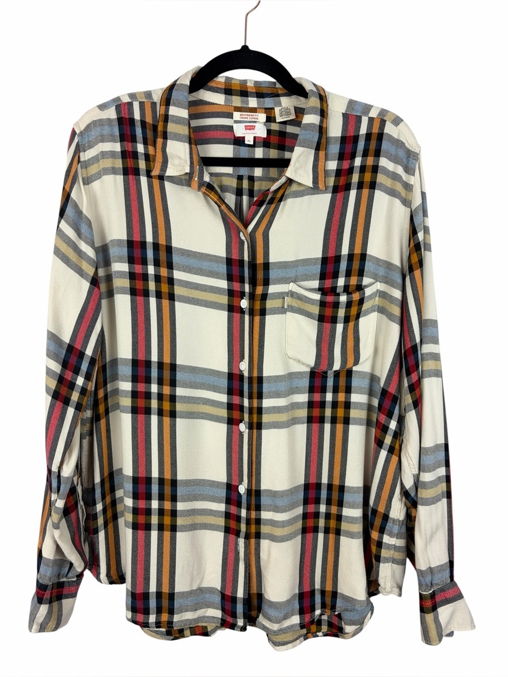 Levi’s Boyfriend Fit Plaid Button Front Blouse XL Cream Multicolor Viscose Shirt